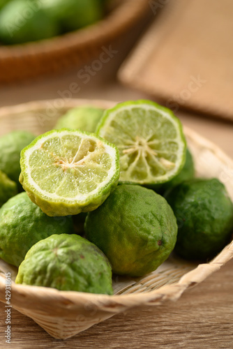 Fresh bergamot fruit in a basket, Food ingredients and extract used for medicine, tea, perfumes and cosmetics