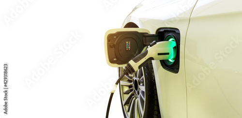 EV Car or Electric car at charging station with the power cable supply plugged in isolated on white background for you text. 