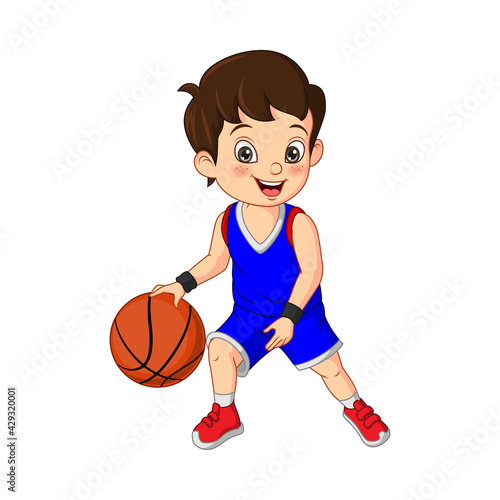 Cartoon cute little boy playing basketball © Mimosastudio