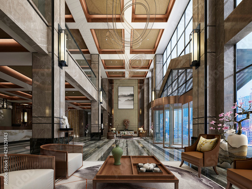 3d render luxury hotel lobby reception photo