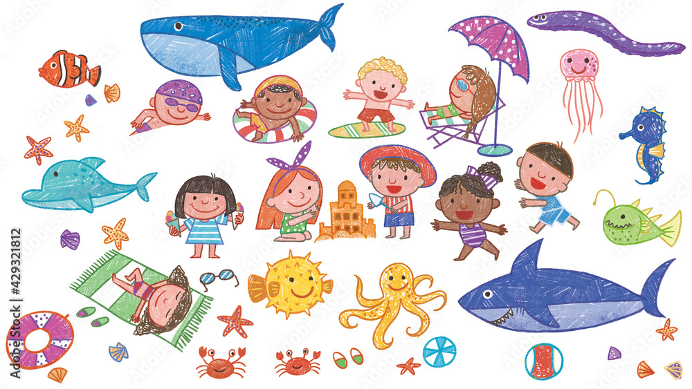 Children Play on the Beach Ocean Sea Holiday Party Cartoon Drawing cute oil pastel drawing crayon doodle for children book illustration, poster, or wall painting. shark, clown fish, jellyfish, dolphin