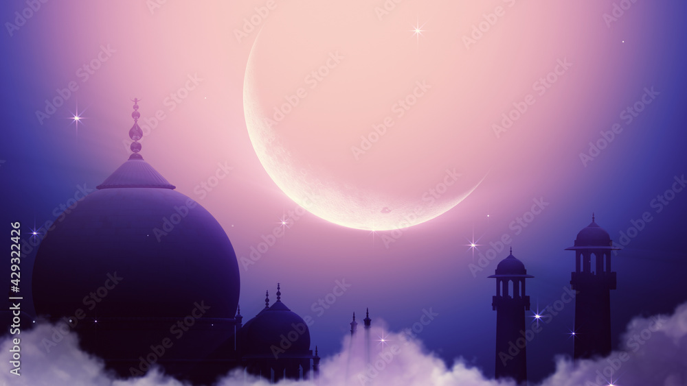 Ramadan Kareem Silhouette Soft Background. Silhouette of Taj Mahal with particle glitter glow and crescent moon on soft background.