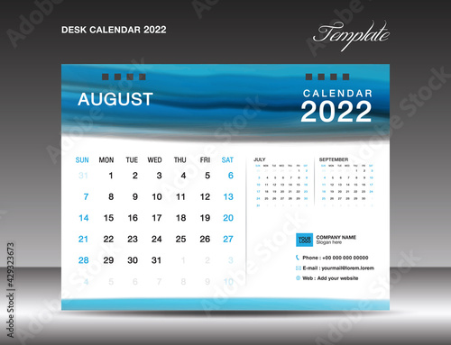 Calendar 2022 template design, Desk calender 2022,  August template,  week starts on sunday. planner,  simple,  Wall calendar design, business printing, advertiement,  Blue watercolor background
