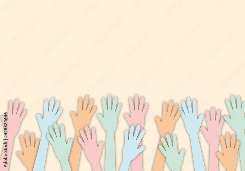 Colourful up hands on orange background, Hands of different colours, Concept of raising hands to express opinions, isolated hands. paper cut style. Colourful up hands on orange background, Hands of different colours, Concept of raising hands to express opinions, isolated hands. paper cut style.