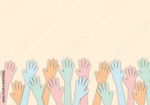 Colourful up hands on orange background, Hands of different colours, Concept of raising hands to express opinions, isolated hands. paper cut style.