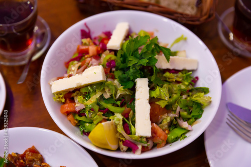 Image of Choban salad with cheese in a Turkish cafe. High quality photo