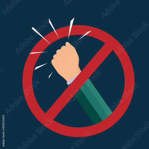 No knocking. Please don't knock on the door. Prohibition symbol. Businessman hand, stop. Sign, notice, silence sticker. Isolated on blue background. Vector