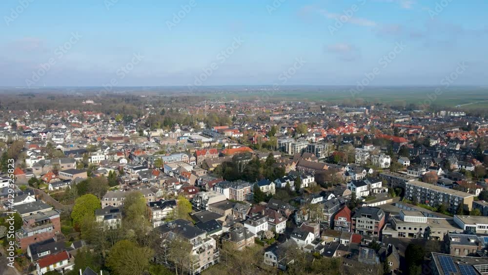 Jib down of beautiful small town on a bright, sunny day Jib down of beautiful small town on a bright, sunny day