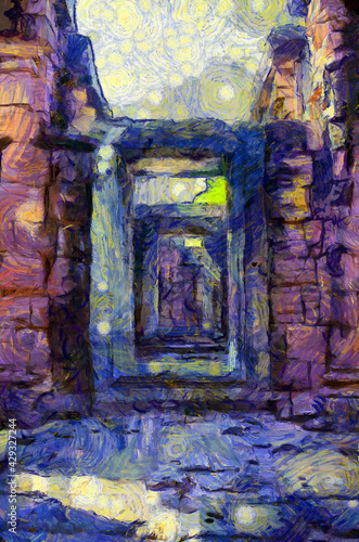 Ancient stone castle in Thailand Illustrations creates an impressionist style of painting. © Kittipong