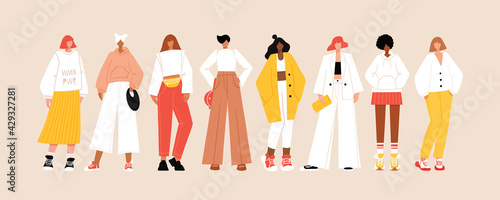 Group of diverse young modern women wearing trendy clothes. Casual stylish city street style fashion outfits. Woman power concept banner. Hand drawn characters colorful vector illustration.