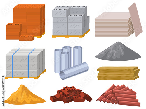 Building materials. Construction industry bricks, cement, wooden planks and metal pipes vector illustration set. Building insulation or roofing materials