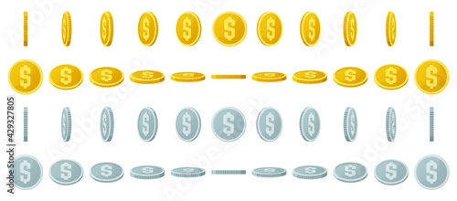 Gold coins animation. Spin gold and silver coins, shiny gambling coins rotation for game interface vector illustration set. Rotating jackpot coins