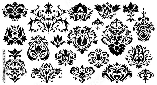 Damask floral ornament. Vintage rococo ornaments, baroque figured decorative elements vector illustration set. Abstract damask antique patterns photo