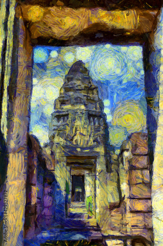 Ancient stone castle in Thailand Illustrations creates an impressionist style of painting.