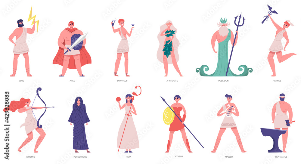 Ancient olympic gods. Greek gods and goddesses, zeus, poseidon, athena, dionysus and ares. Olympic gods cartoon characters vector illustration set