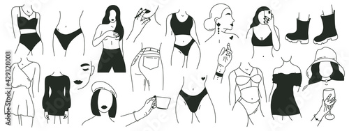 Minimalist faceless woman. Outline graceful female body parts, modern faceless lady elements. Hand drawn fashion girls elements vector illustration set