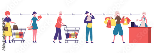 Supermarket line. Social distancing people queue, safe distance at grocery store. Man and woman maintain social distance vector illustration
