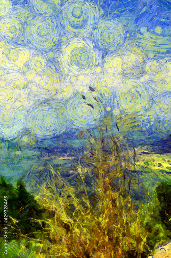 A mountain landscape with flowers, grass and land  Illustrations creates an impressionist style of painting.