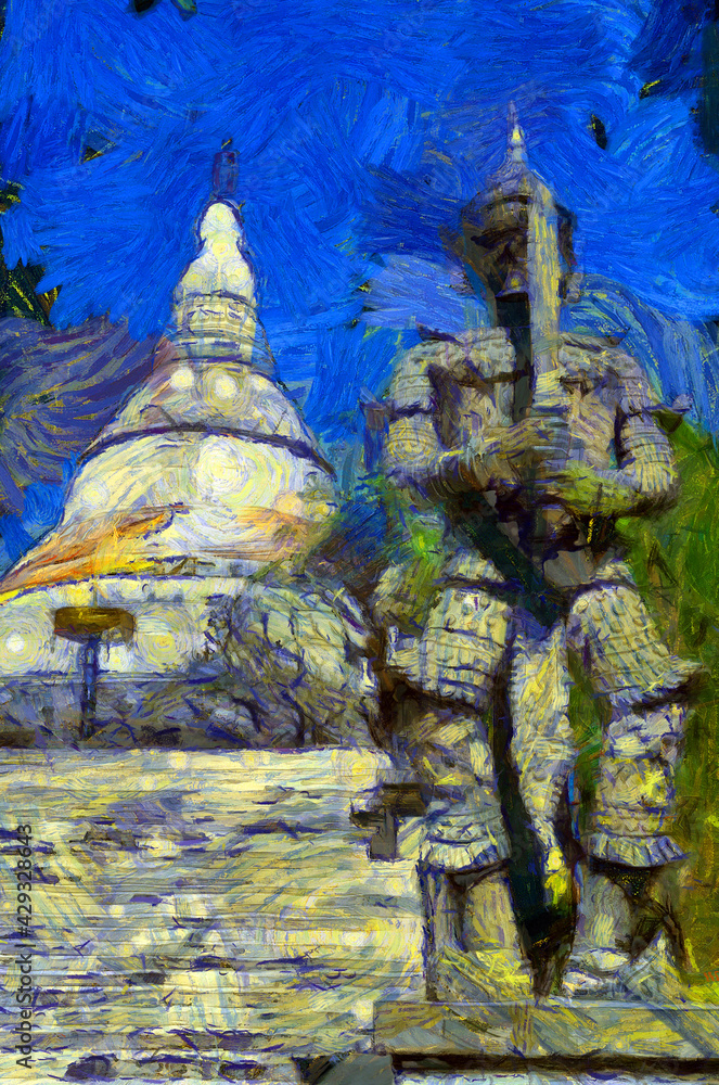Tall ancient pagoda Illustrations creates an impressionist style of painting.