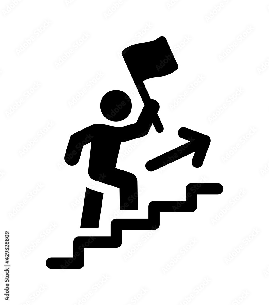 Leadership vector icon. Person climbing stairs with a flag as a leader. Leadership vector icon. Person climbing stairs with a flag as a leader.