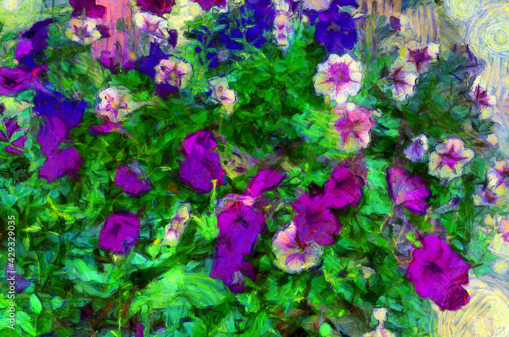 Flower bush of bright purple and white flowers. Illustrations creates an impressionist style of painting.