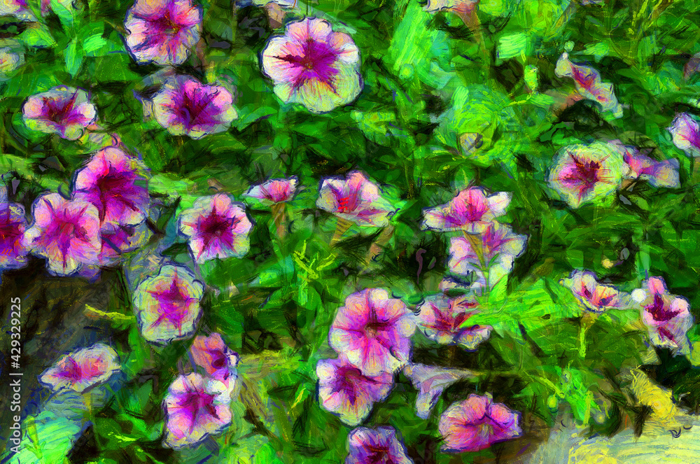 Flower bush of bright purple and white flowers. Illustrations creates an impressionist style of painting. Flower bush of bright purple and white flowers. Illustrations creates an impressionist style of painting.