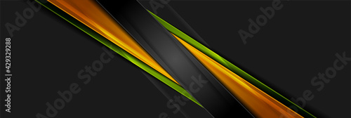 Futuristic glossy orange and green stripes. Abstract tech graphic banner design. Vector corporate background