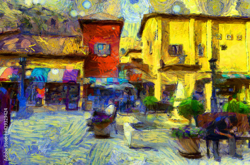 Italian style architecture village landscape Illustrations creates an impressionist style of painting.