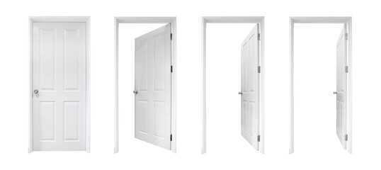 white open and closed doors with doorframe on white background