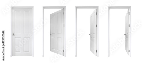white open and closed doors with doorframe on white background