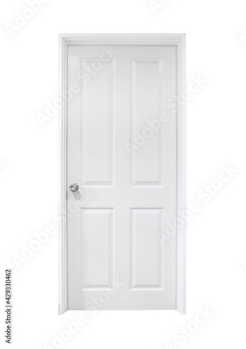 white closed doors with doorframe on white background