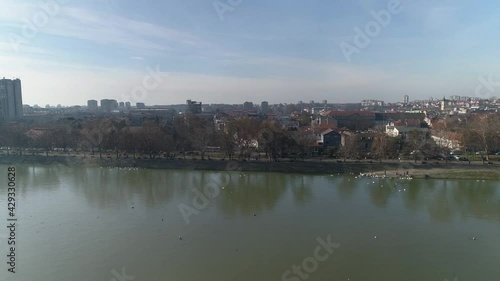 Wallpaper Mural River bank and cityscape in Zemun Serbia. Camera rising Torontodigital.ca