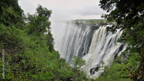 The Zambezi River falls into the gorge in powerful streams. The fog is over the abyss. Lush green tropical vegetation is in the foreground. Victoria Falls. Zambia