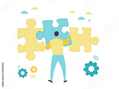 Flat illustration of businessman compiling macro blue and yellow puzzle. Building business. Simple illustration in blue and yellow color. Business and finance concepts.