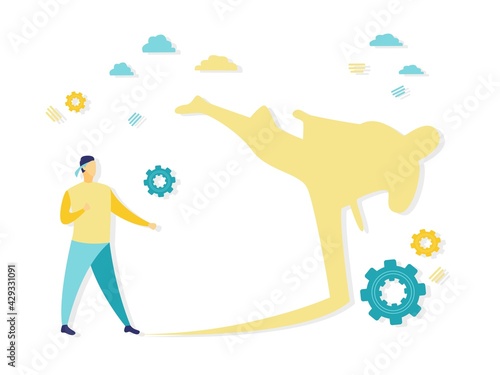 Flat illustration of young karate man confronting with his own shadow. Simple illustration in blue and yellow color. Business and finance concepts.