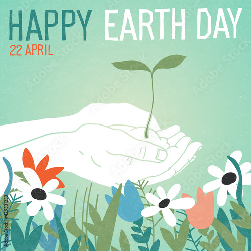 Vintage Earth Day Poster. Abstract flowers and hands holding sprout.