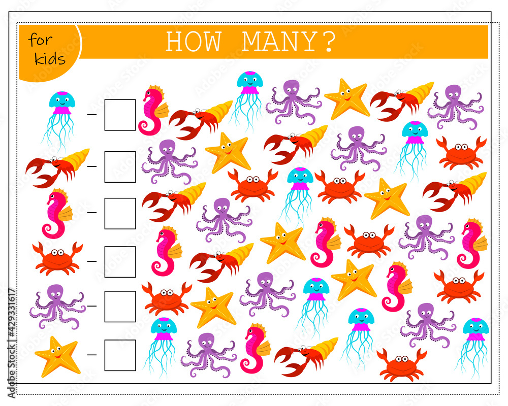 Math game for kids count how many of them there are. crabs, crayfish, octopuses, seahorses, starfish, jellyfish. Vector isolated on a white background
