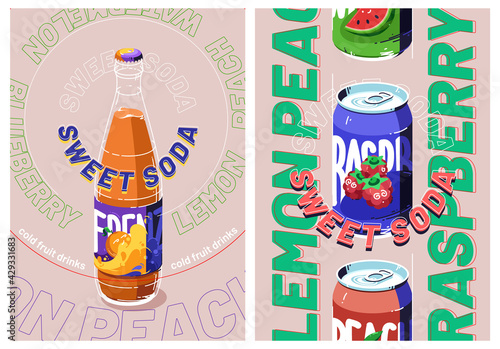Sweet soda ad posters with bottle and tin can of lemon, raspberry or watermelon cold drinks. Fresh juice or fruit water advertisement campaign, beverage promo background, line art vector illustration