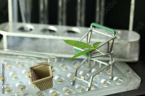 Miniature shopping trolley and basket with plant represent biological indoor gardening and grow lights concept related idea. 
