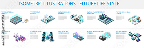 Our future lifestyle in different industries in one illustration. Isometric style.