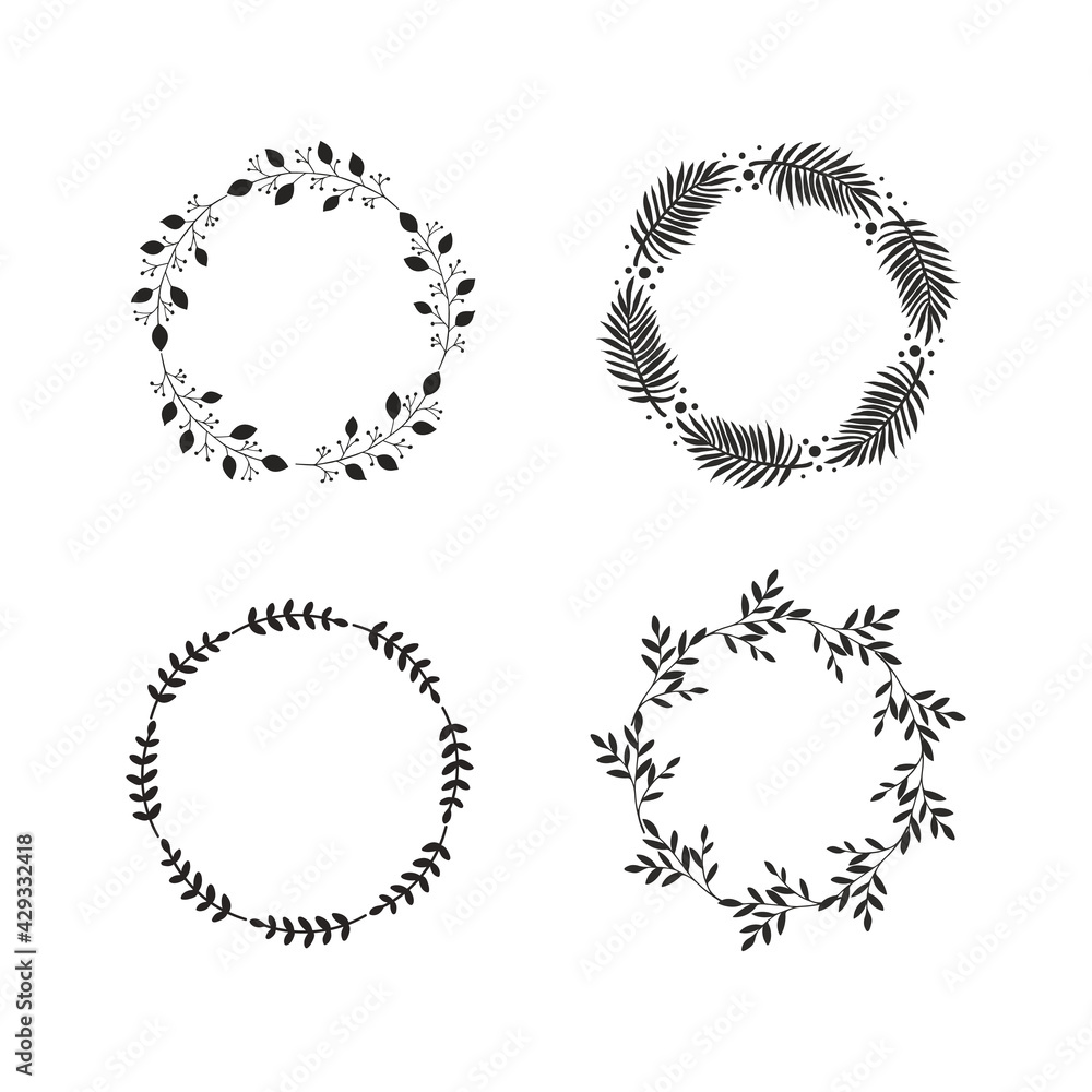 Four round vintage frames or wreaths of black branches with leaves on white background. Modern hand drawn floral design. Vector illustration	
