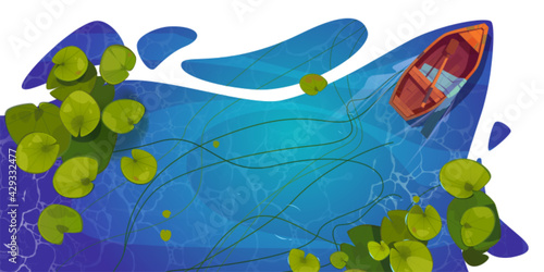 Wooden boat on lake top view, skiff with paddle and silk scarf on wild pond with nenuphars or water lily pads. Natural background with lotus leaves, green waterlily plants, Cartoon vector illustration