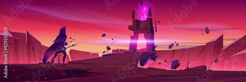 Wizard walk to magic portal in stone frame on mountain landscape at sunrise. Vector cartoon fantasy illustration with knight in medieval costume with spear and ancient arch with pink glow over abyss