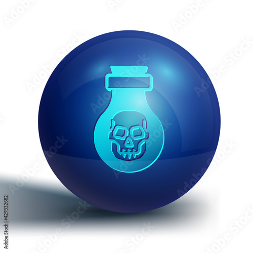 Blue Poison in bottle icon isolated on white background. Bottle of poison or poisonous chemical toxin. Blue circle button. Vector