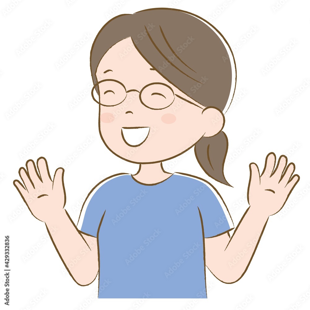 笑顔で両手を広げる眼鏡の女性（手描き風）