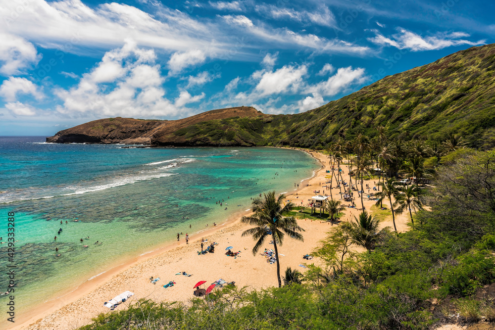 High angle view of Hanauma Bay Beach and people relaxing and snorkeling in clear ocean water