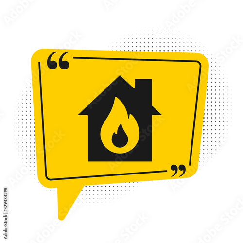 Black Fire in burning house icon isolated on white background. Yellow speech bubble symbol. Vector