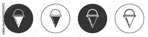 Black Fire cone bucket icon isolated on white background. Metal cone bucket empty or with water for fire fighting. Circle button. Vector