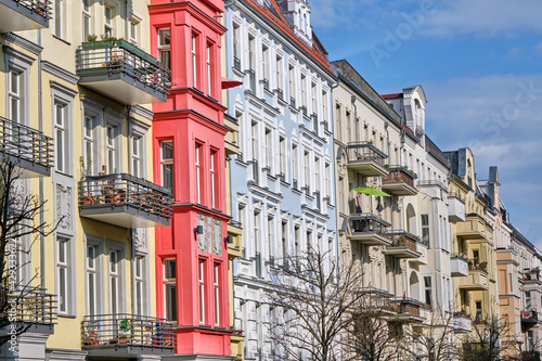 The facades of some renovated old apartment buildings seen in Prenzlauer Berg  Berlin