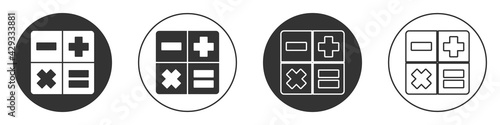 Black Calculator icon isolated on white background. Accounting symbol. Business calculations mathematics education and finance. Circle button. Vector